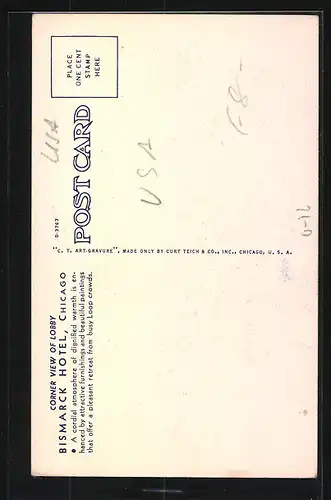 AK Chicago, IL, Bismarck Hotel, Corner view of lobby