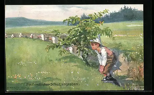 AK Ein friedlicher Schützengraben, Knabe und Gänse