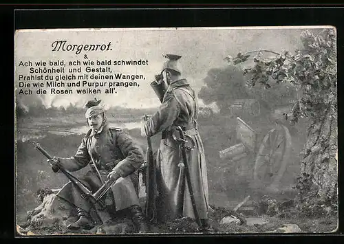 AK Morgenrot, Soldaten in Mänteln im Felde