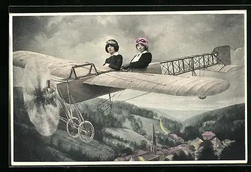 AK Zwei Damen in einem Flugzeug
