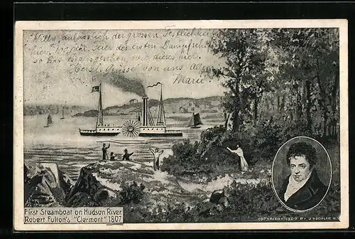 Künstler-AK First Steamboat on Hudson River, Robert Fulton`s Clermont 1807