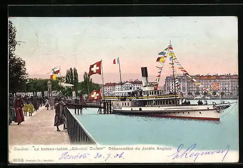 AK Genève, Le bateau-salon Géneral Dufour Débarcadère du jardin Anglais