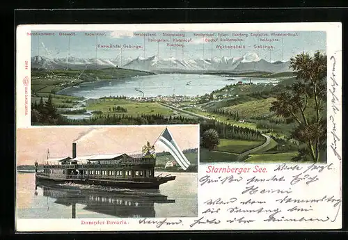Lithographie Starnberg, Panorama mit Gebirge & Dampfer Bavaria