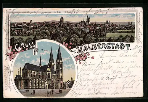 Lithographie Halberstadt, Dom, Totalansicht