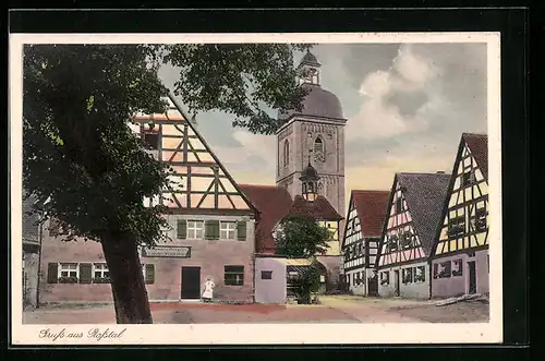 AK Rosstal, Gasthaus und Metzgerei Leonh. Fischhaber, Kirche, Rathaus