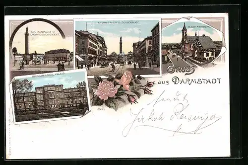 Lithographie Darmstadt, Louisenplatz und Ludwigsmonument, Rheinstrasse, Martinskirche