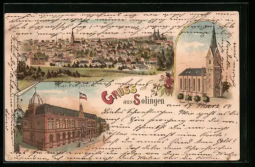 Lithographie Solingen, Haupt-Postgebäude, ev. Kirche, Totalansicht