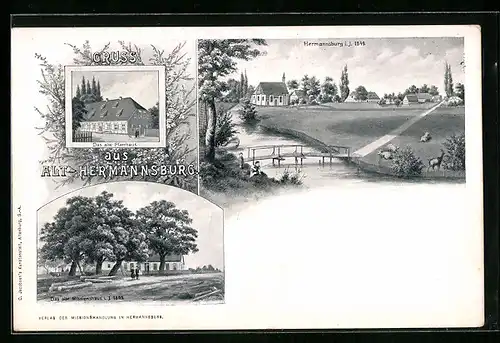 Lithographie Hermannsburg, Alt-Hermannsburg, Das alte Pfarr- und das alte Missionshaus