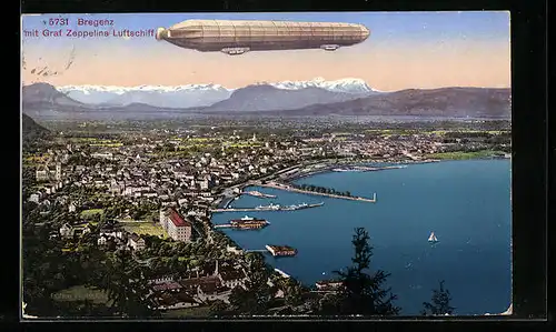 AK Bregenz, Teilansicht mit Graf Zeppelins Luftschiff