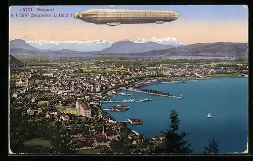 AK Bregenz, Teilansicht mit Graf Zeppelins Luftschiff
