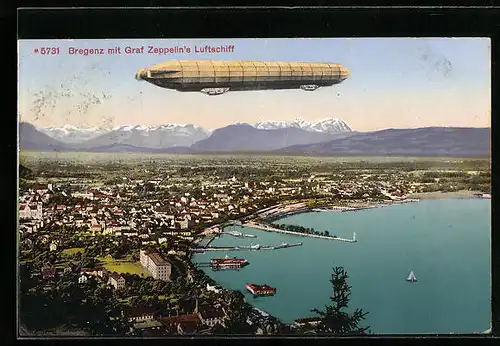 AK Bregenz, Teilansicht mit Graf Zeppelins Luftschiff