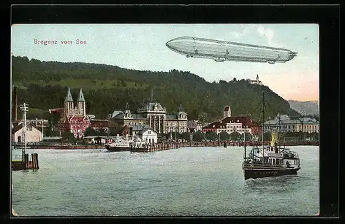 AK Bregenz, Teilansicht vom See mit Zeppelins Luftschiff