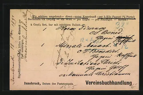 AK Innsbruck, Correspondenz-Karte, Vereinsbuchhandlung, Ganzsache