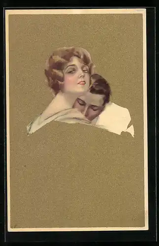 Künstler-AK Mann schnuppert am Dekolleté seiner Auserwählten, Güldener Hintergund, Art Deco
