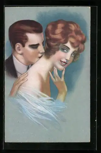 Künstler-AK Fräulein wird in den Nacken geküsst, Art Deco