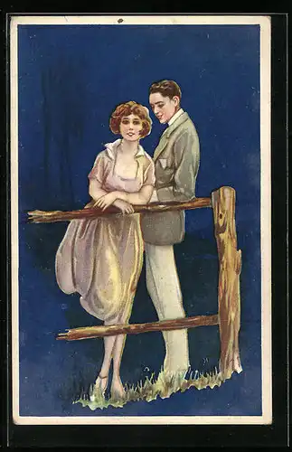Künstler-AK Liebespaar an einem Holzzaun, Art Deco