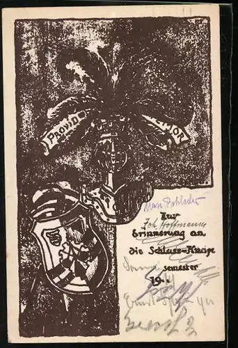 Künstler-AK Zur Erinnerung an die Schluss-Kneipe, Studentenwappen