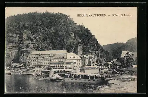 AK Herrnskretschen /Böhm. Schweiz, Blick auf Hotel und Booten