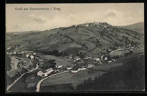 AK Katharinaberg i. Erzg., Blick auf Ort mit Bergen