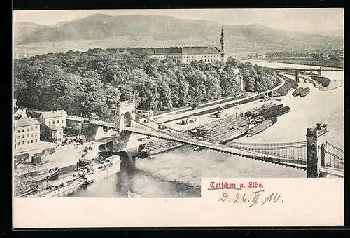 AK Tetschen a. Elbe, Brücke mit Dampern