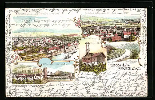 Lithographie Tetschen-Bodenbach, Höh. landw. Lehranstalt, Schäferwand und Kettenbrücke