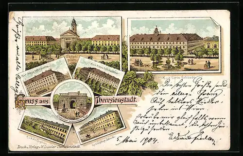 Lithographie Theresienstadt, K. u. K. Grosse Infanterie-Kaserne, Parade-Platz