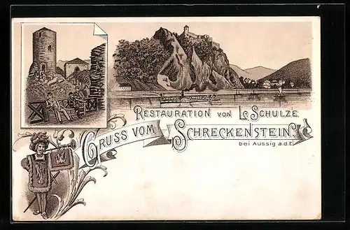 Lithographie Aussig / Usti, Restaurant v. L. Schulze am Schreckenstein