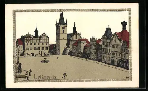 Steindruck-AK Leitmeritz, Hauptplatz mit Rathaus und Kirche