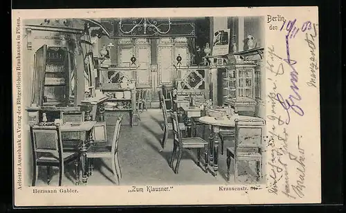 AK Berlin, Gasthaus Zum Klausner, Hermann Gabler, Krausenstr. 64