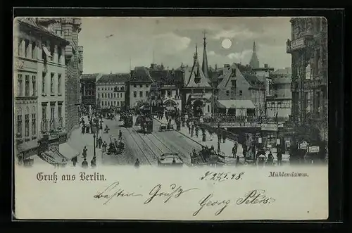 Mondschein-AK Berlin, Mühlendamm mit Pferdekutschen und Strassenbahnen