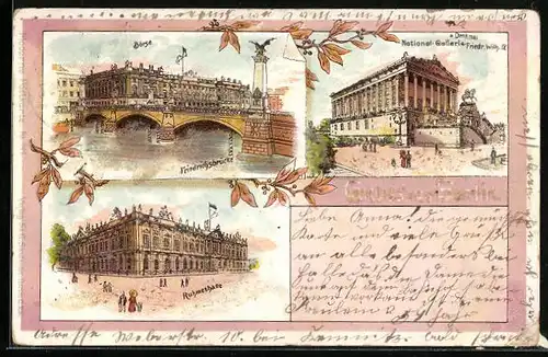 Lithographie Berlin, Friedrichsbrücke, Ruhmeshalle, National-Gallerie-Friedr. Wilhelm.IV