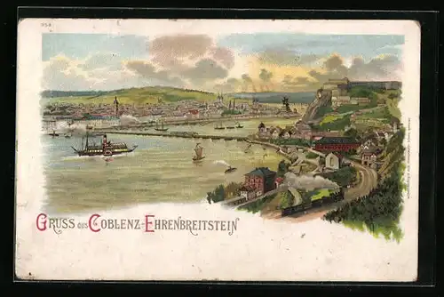 Lithographie Coblenz-Ehrenbreitstein, Ortsansicht mit Eisenbahn und Schiffen