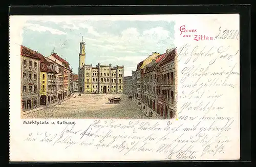 Lithographie Zittau, Marktplatz u. Rathaus