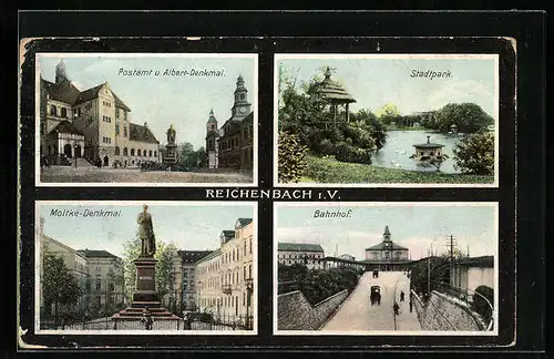 AK Reichenbach i. V., Postamt u. Albert-Denkmal, Bahnhof, Stadtpark