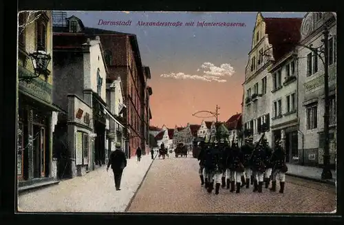 AK Darmstadt, Alexanderstrasse mit Infanteriekaserne