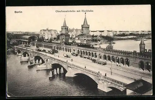 AK Berlin, Oberbaumbrücke mit Hochbahn aus der Vogelschau