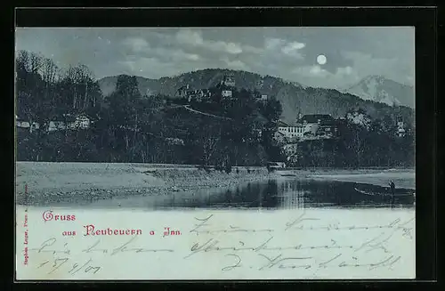 Mondschein-AK Neubeuern a. Inn, Ortsansicht mit Bergpanorama