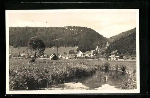 AK Hütten im Schmiechtal, Ortsansicht mit Fluss