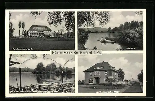 AK Hücker-Moor, Erholungsheim A. E., Seepartie, Partie am See-Schlösschen, Gasthaus Hücker-Moor