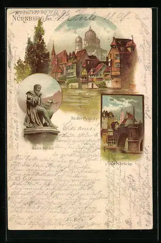 Lithographie Nürnberg, An der Pegnitz, Hans Sachs, Karlsbrücke