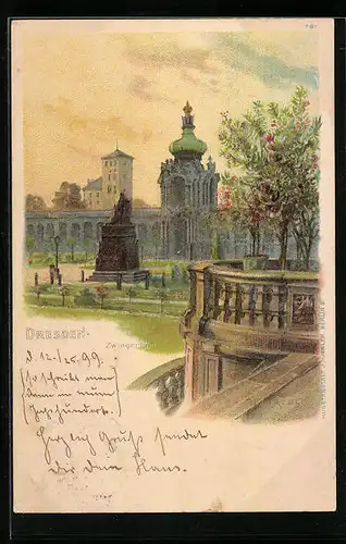 Lithographie Dresden, Zwingerhof mit Denkmal