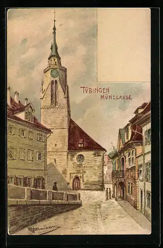 Künstler-AK Tübingen, Strasse Münzgasse mit Kirche
