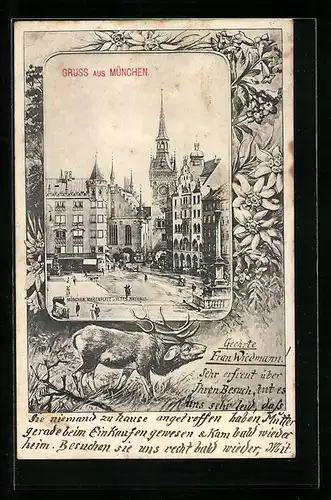 AK München, Marienplatz und altes Rathaus, Röhrender Hirsch