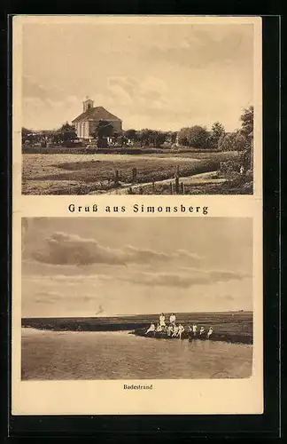 AK Simonsberg, Ortspartie mit Kirche, Badestrand