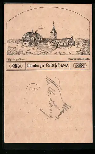 Künstler-AK Ganzsache Bayern PP7C32, Nürnberger Volksfest 1898, Verwaltungsgebäude