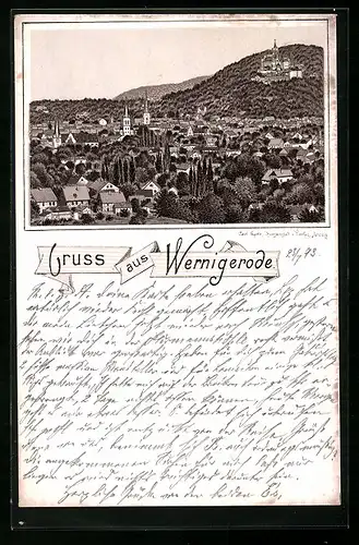 Vorläufer-Lithographie Wernigerode, Gesamtansicht mit Schloss, 1893