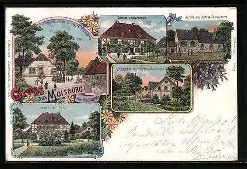 Lithographie Moisburg, Dorfstrasse bei Kaufm. Hasenkamp, Kirche, Estedamm