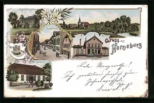 Lithographie Horneburg, Langestrasse, Rittergut Renzel, Mayor von Düring`s Haus