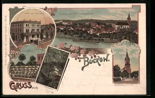 Lithographie Buckow, Hotel zum Kronprinz, Rosenparterre, Silberkehle