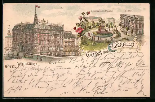 Lithographie Elberfeld, Hotel Weidenhof, Theater und Kaiser Wilhelm Denkmal